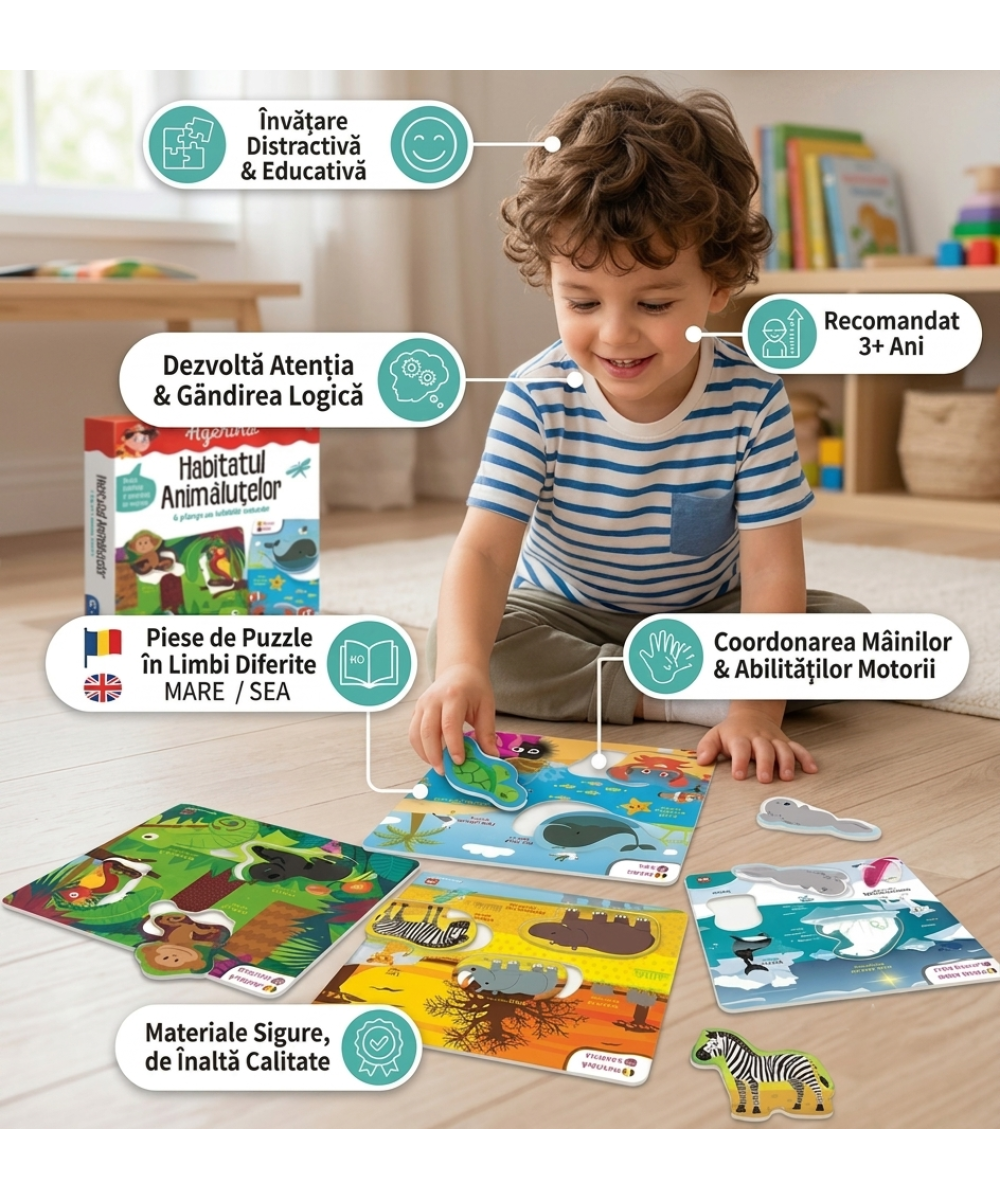 Joc educativ Habitatul Animalutelor – Învață animalele și mediul lor în 2 limbi
