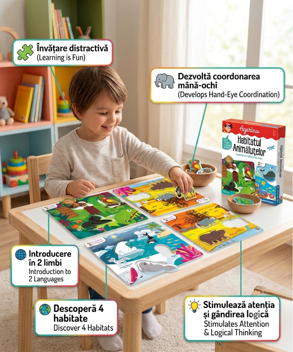 Joc educativ Habitatul Animalutelor – Învață animalele și mediul lor în 2 limbi