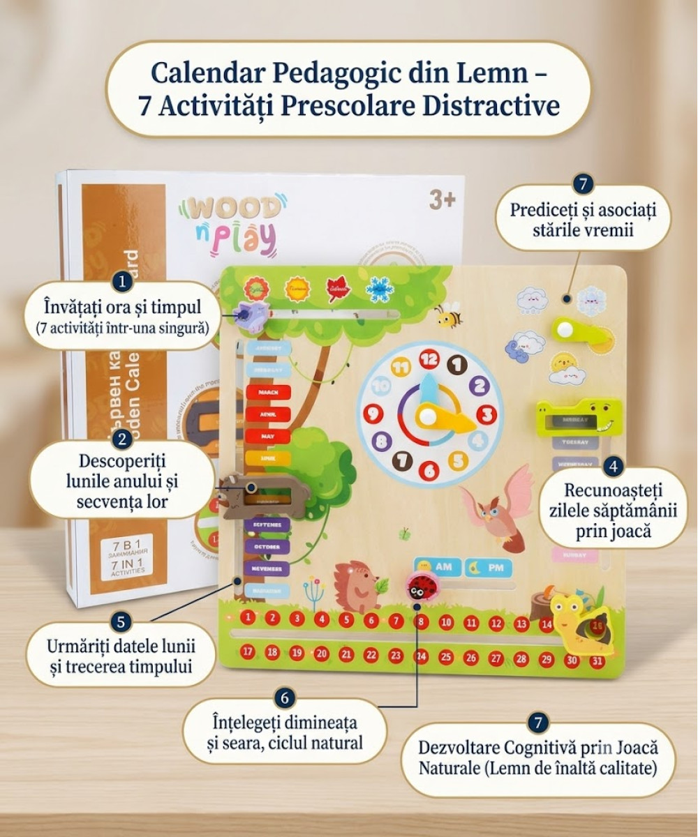 Calendar Pedagogic din Lemn 7 în 1 – Jucărie Educațională pentru Copii