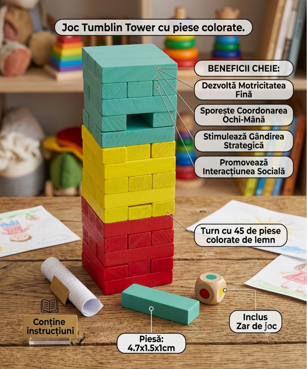 Joc Tumblin Tower Portabil Colorat 45 De Piese
