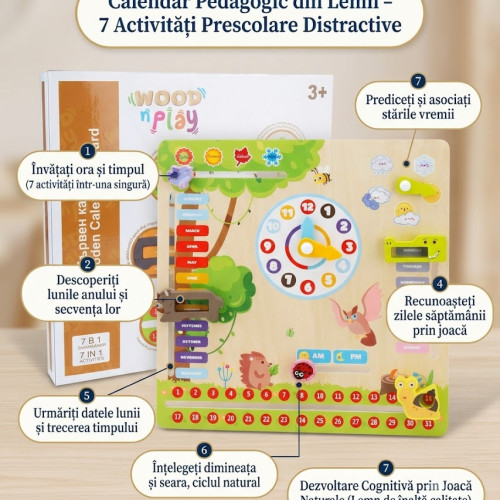 Calendar Pedagogic din Lemn 7 în 1 – Jucărie Educațională pentru Copii