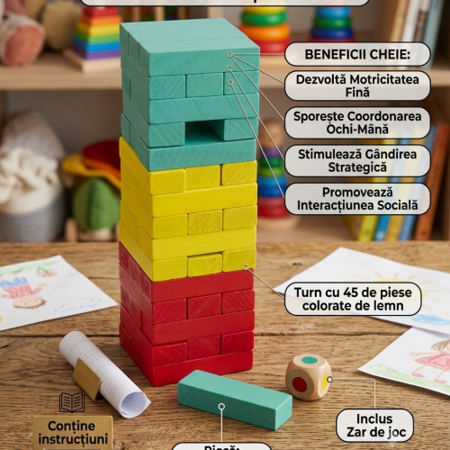 Joc educațional Turnul de Lemn Tumblin' Tower, 45 piese colorate, dezvoltare motricitate fină